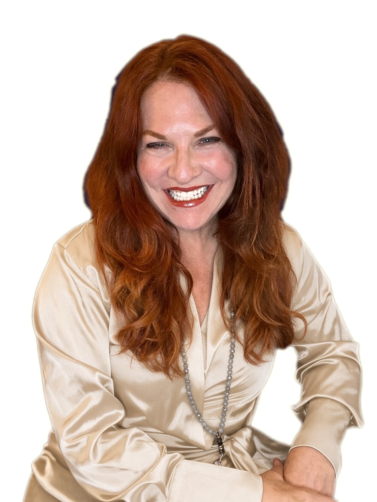 Halle Eavelyn, laughing, in cream silk on white